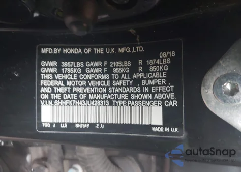 2018 Honda Civic Sport z USA, uszkodzony, nr VIN SHHFK7H43JU428313